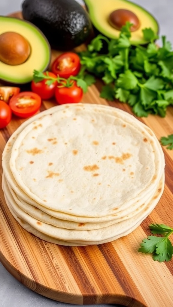 Gluten-Free Tortilla Recipe A stack of gluten-free tortillas on a cutting board, surrounded by fresh ingredients.